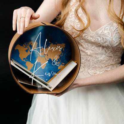 Personalized World Map Wedding Card Box with LED Light, Custom Names Holder