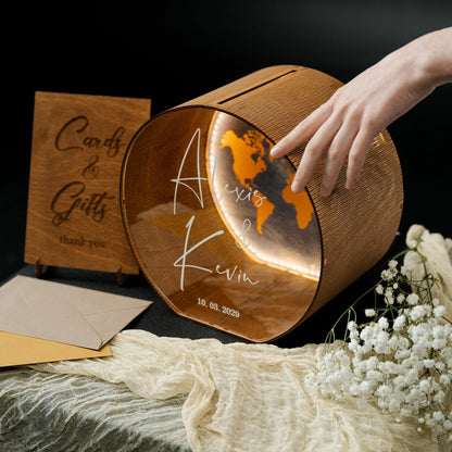 Personalized World Map Wedding Card Box with LED Light, Custom Names Holder