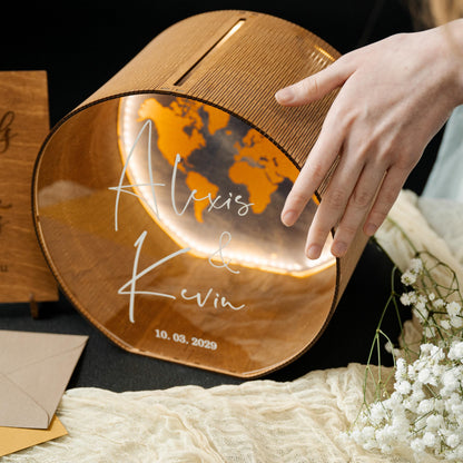 Custom World Map Wedding Card Box, Personalized Travel Theme Acrylic Wood Holder, LED Light