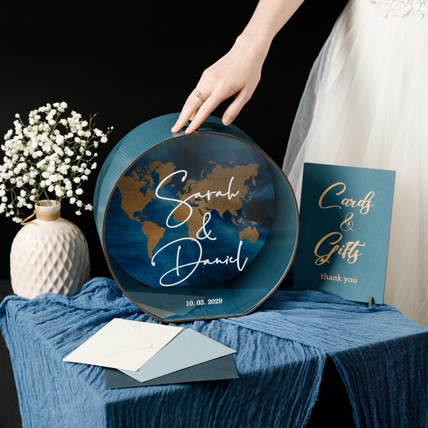 Personalized Wedding Card Box: World Map Travel Theme, Acrylic Envelope Holder, Names & Date