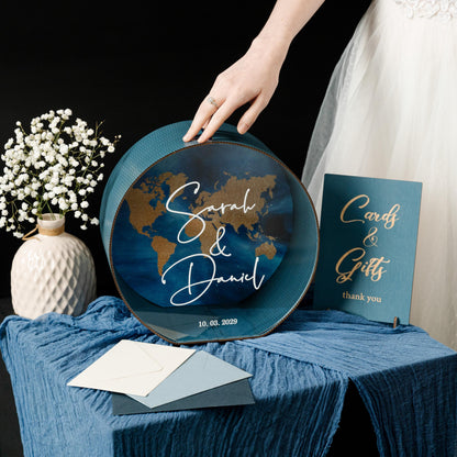 Personalized Wedding Card Box: World Map Travel Theme, Acrylic Envelope Holder, Names & Date