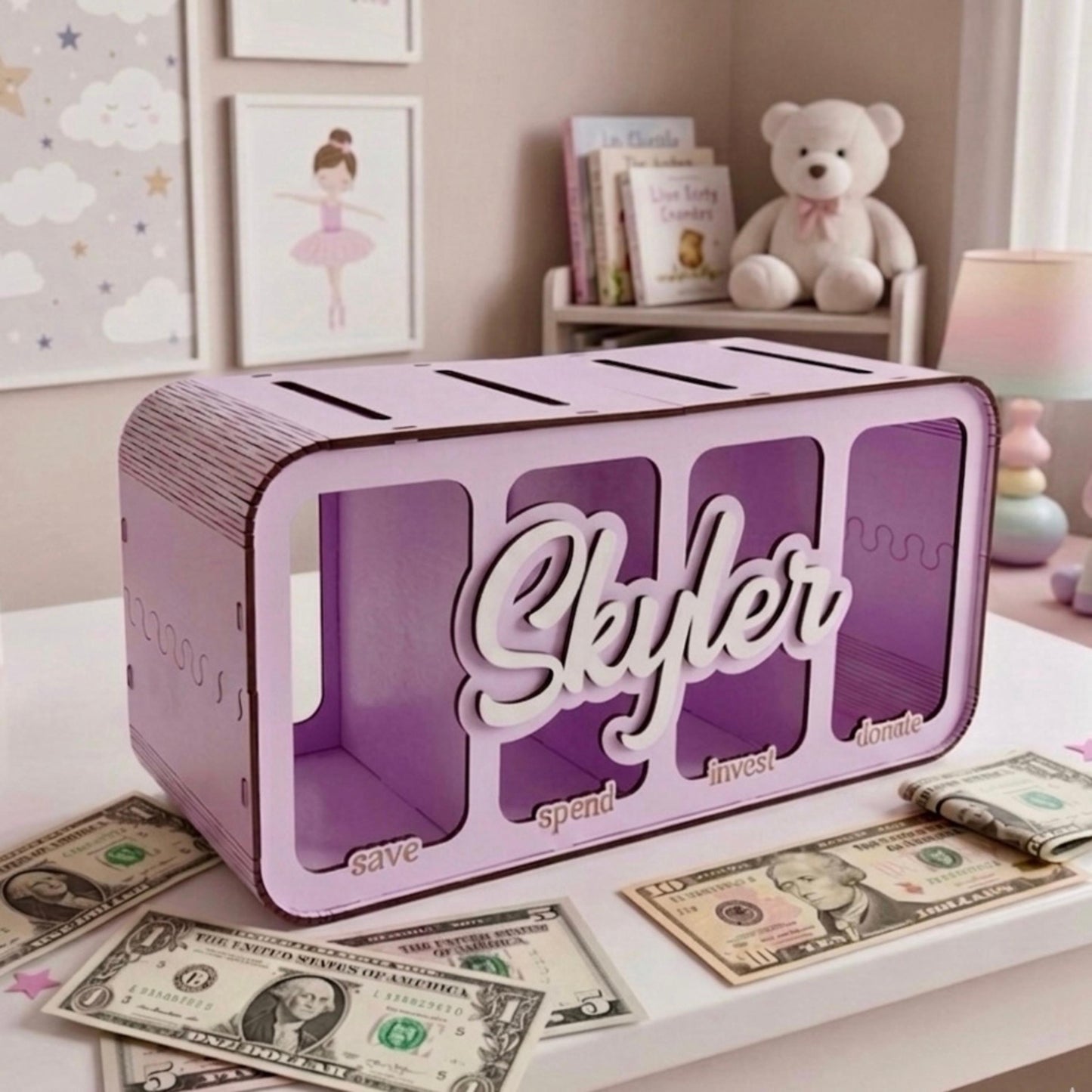 Kids Wooden Piggy Bank Save Spend Invest Donate, 4 Slot Money Box, Financial Education Toy, Montessori Savings Bank