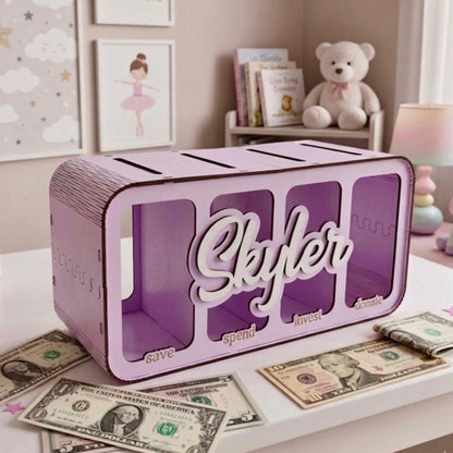 Kids Wooden Piggy Bank Save Spend Invest Donate, 4 Slot Money Box, Financial Education Toy, Montessori Savings Bank