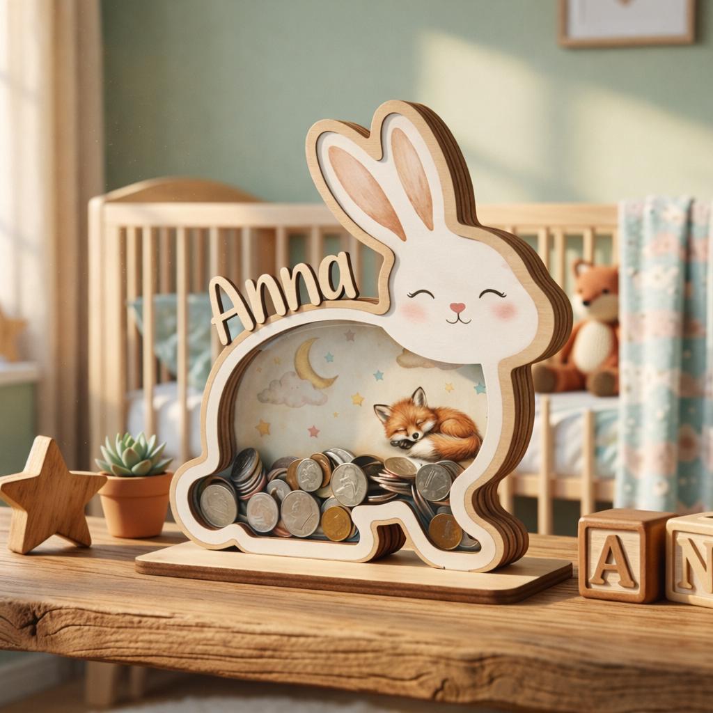 Personalized Bunny Piggy Bank, Wooden Coin Bank for Kids, Custom Name Money Box, Nursery Decor, Kids Savings Bank, Gift Idea for Girls