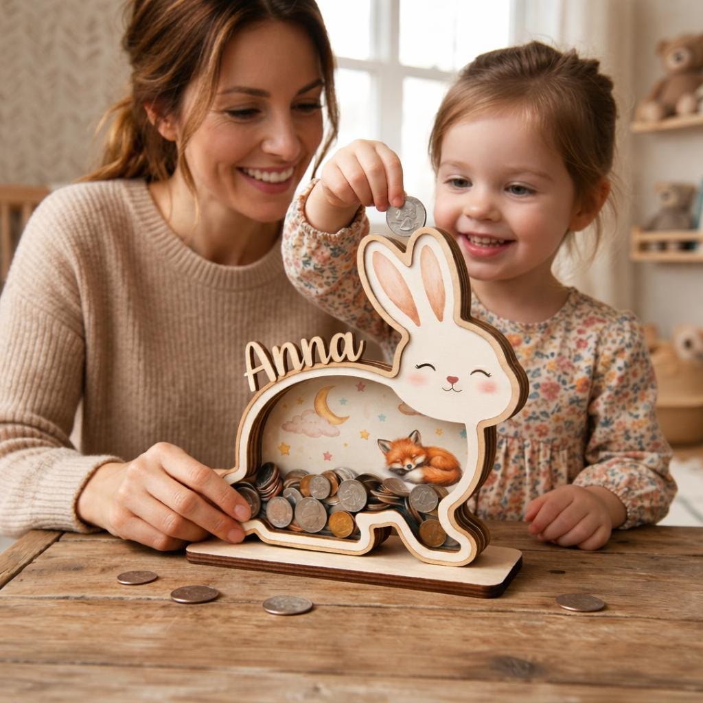 Personalized Bunny Piggy Bank, Wooden Coin Bank for Kids, Custom Name Money Box, Nursery Decor, Kids Savings Bank, Gift Idea for Girls