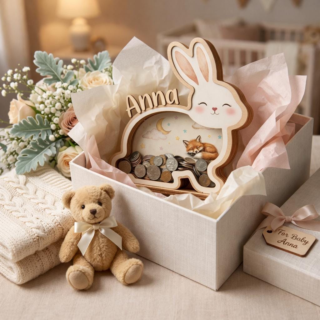 Personalized Bunny Piggy Bank, Wooden Coin Bank for Kids, Custom Name Money Box, Nursery Decor, Kids Savings Bank, Gift Idea for Girls