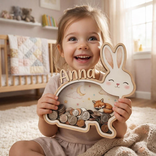Personalized Bunny Piggy Bank, Wooden Coin Bank for Kids, Custom Name Money Box, Nursery Decor, Kids Savings Bank, Gift Idea for Girls