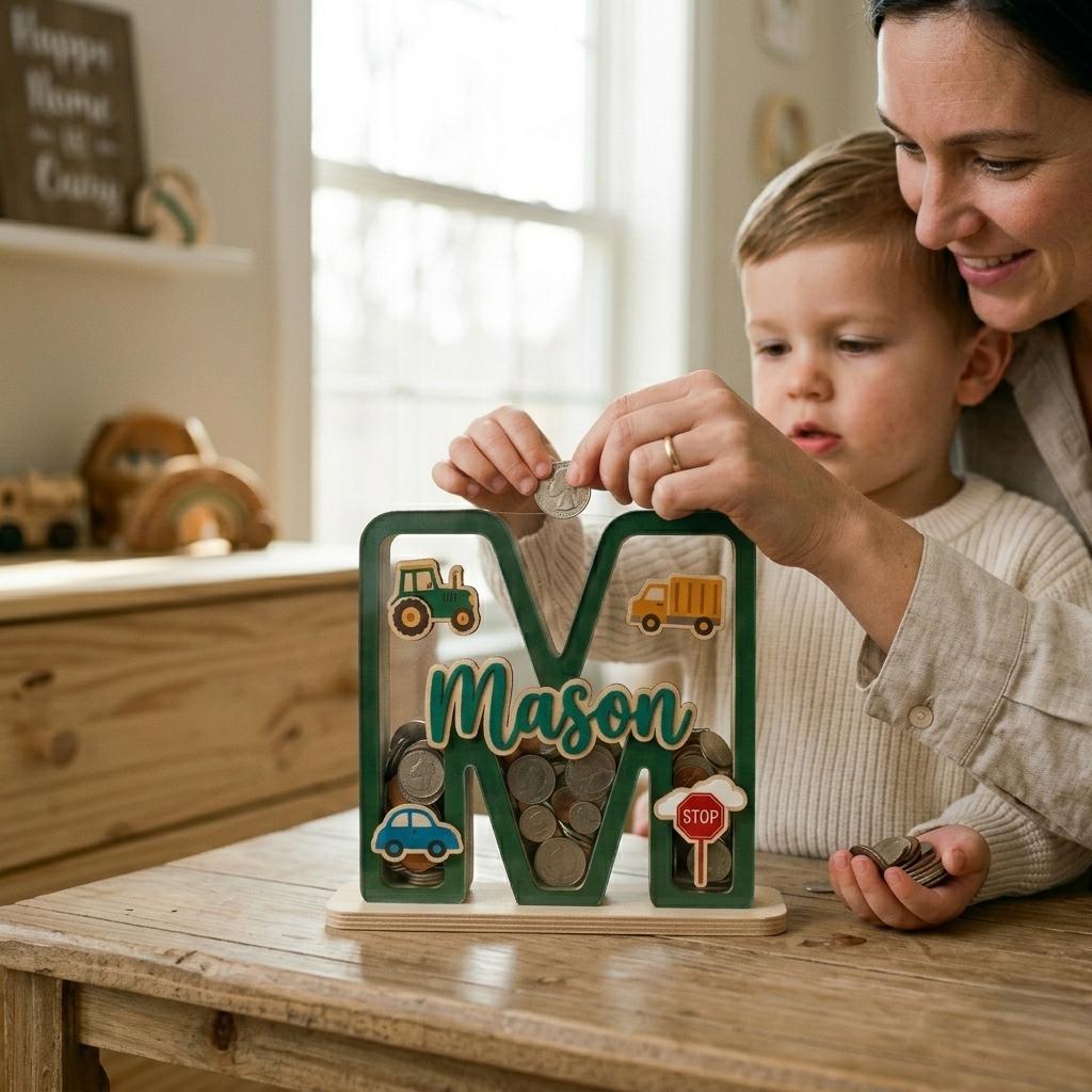 Personalized Car Wooden Piggy Bank Letter, Custom Name Coin Bank, Wooden Kids Saving Bank, Car Nursery Decor, Boys Gift