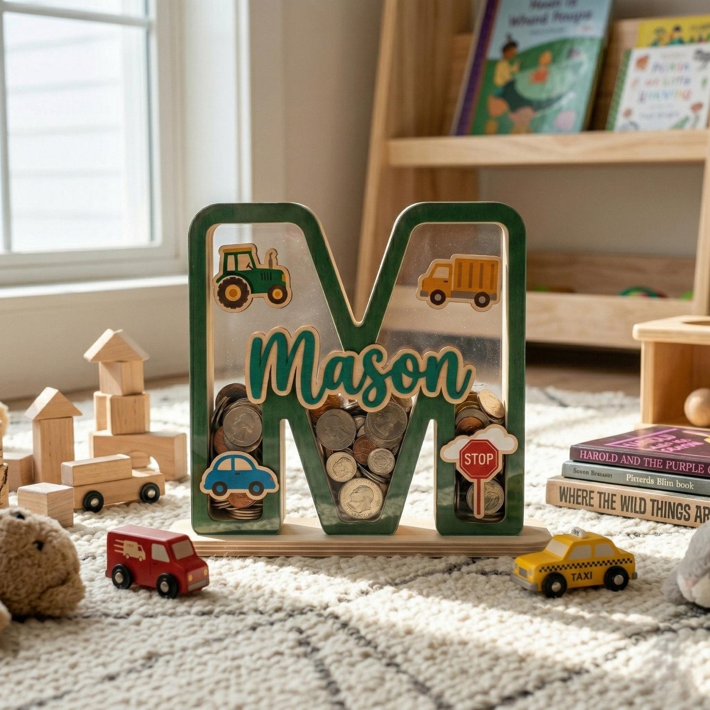 Personalized Car Wooden Piggy Bank Letter, Custom Name Coin Bank, Wooden Kids Saving Bank, Car Nursery Decor, Boys Gift