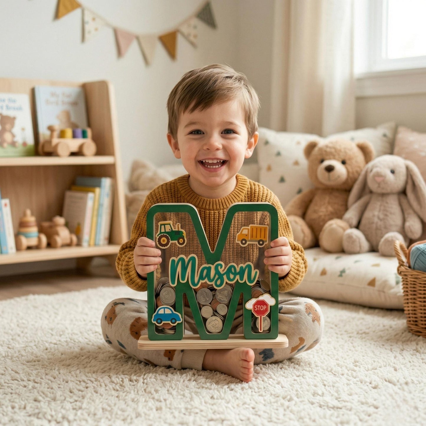 Personalized Car Wooden Piggy Bank Letter, Custom Name Coin Bank, Wooden Kids Saving Bank, Car Nursery Decor, Boys Gift