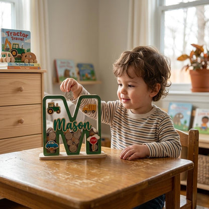 Personalized Car Wooden Piggy Bank Letter, Custom Name Coin Bank, Wooden Kids Saving Bank, Car Nursery Decor, Boys Gift