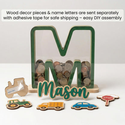 Personalized Car Wooden Piggy Bank Letter, Custom Name Coin Bank, Wooden Kids Saving Bank, Car Nursery Decor, Boys Gift