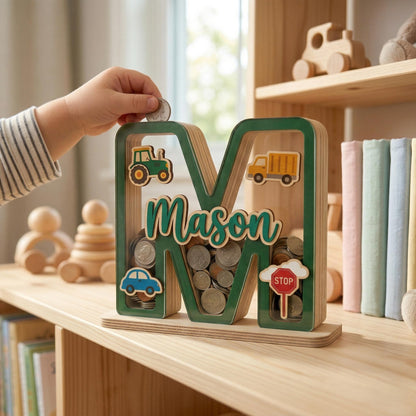 Personalized Car Wooden Piggy Bank Letter, Custom Name Coin Bank, Wooden Kids Saving Bank, Car Nursery Decor, Boys Gift
