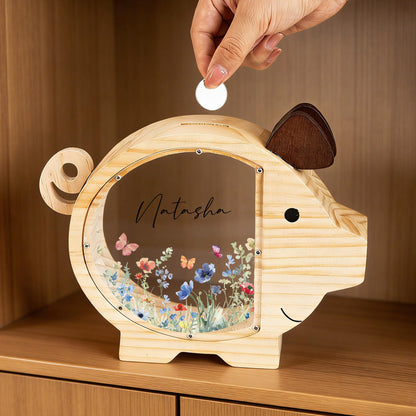 Personalized Wildflower Wooden Piggy Bank, Custom Floral Money Box, Baby Girl Keepsake, Boho Nursery Decor