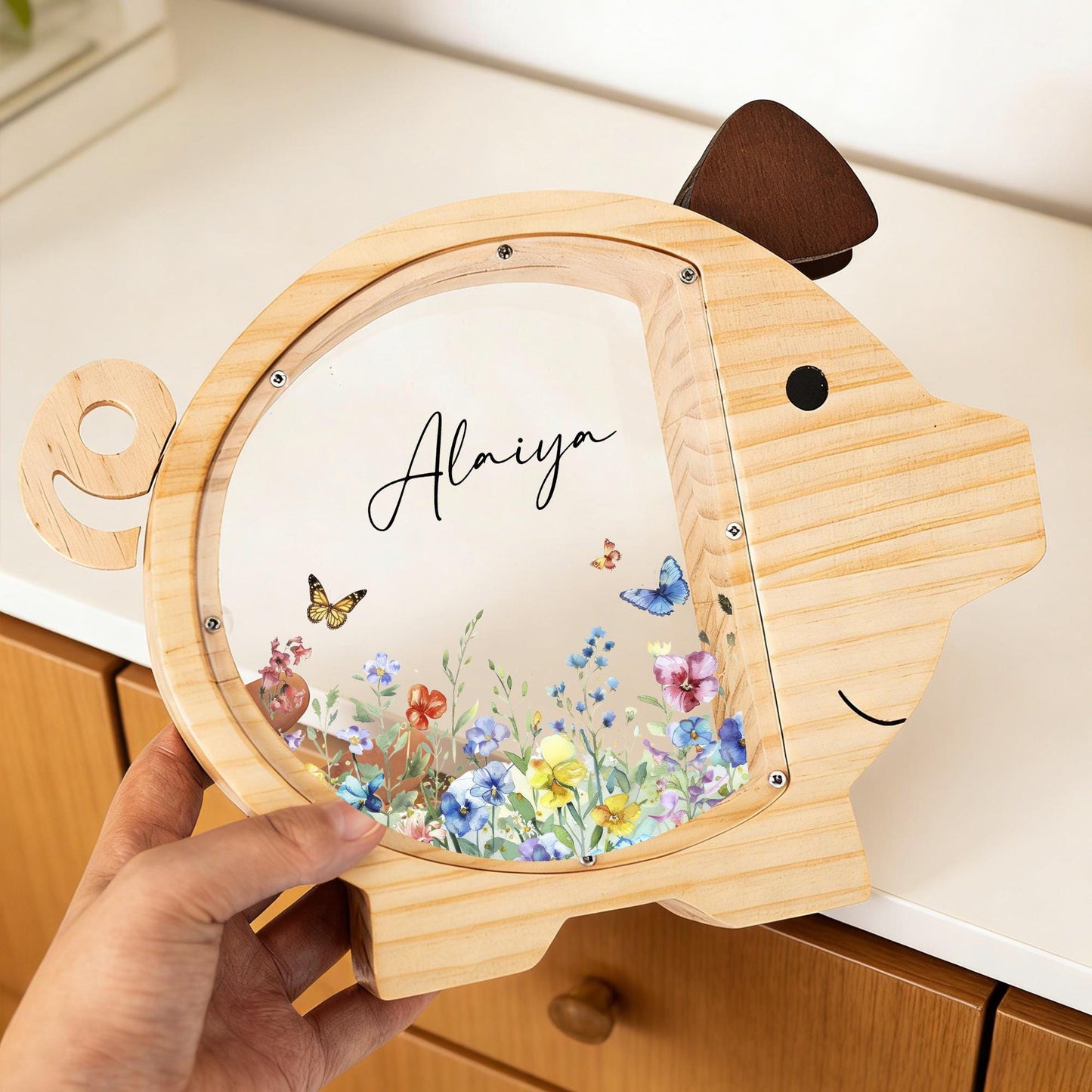 Personalized Wildflower Wooden Piggy Bank, Custom Floral Money Box, Baby Girl Keepsake, Boho Nursery Decor
