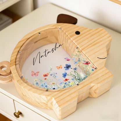 Personalized Wildflower Wooden Piggy Bank, Custom Floral Money Box, Baby Girl Keepsake, Boho Nursery Decor