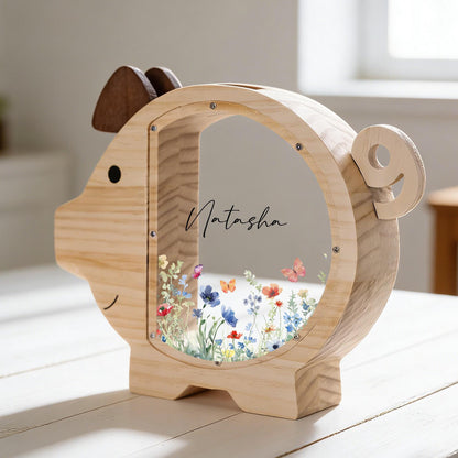 Personalized Wildflower Wooden Piggy Bank, Boho Nursery Decor, Baby Girl Keepsake, Floral Baby Shower Gift