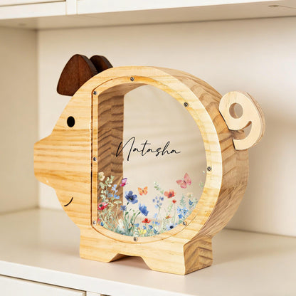 Personalized Wildflower Piggy Bank with Name, Custom Wooden Money Box, Baby Girl Keepsake Gift, Floral Nursery Decor, Baby Shower Gift
