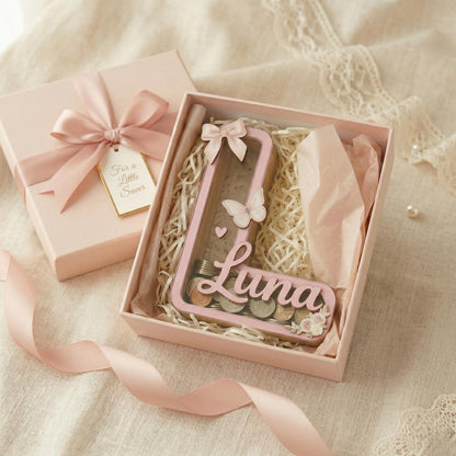 Personalized Wooden Letter Piggy Bank for Girls, Custom Name Money Bank, Baby Girl Nursery Decor, Kids Saving Box, Birthday Gift for Baby