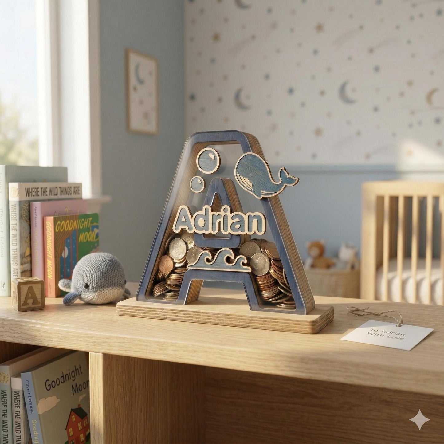 Personalized Wooden Letter Piggy Bank , Ocean Custom Name Money Bank, Whale Theme Nursery Decor, Kids Saving Box, Birthday Gift for Baby