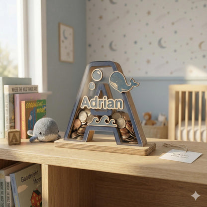 Personalized Wooden Letter Piggy Bank , Ocean Custom Name Money Bank, Whale Theme Nursery Decor, Kids Saving Box, Birthday Gift for Baby
