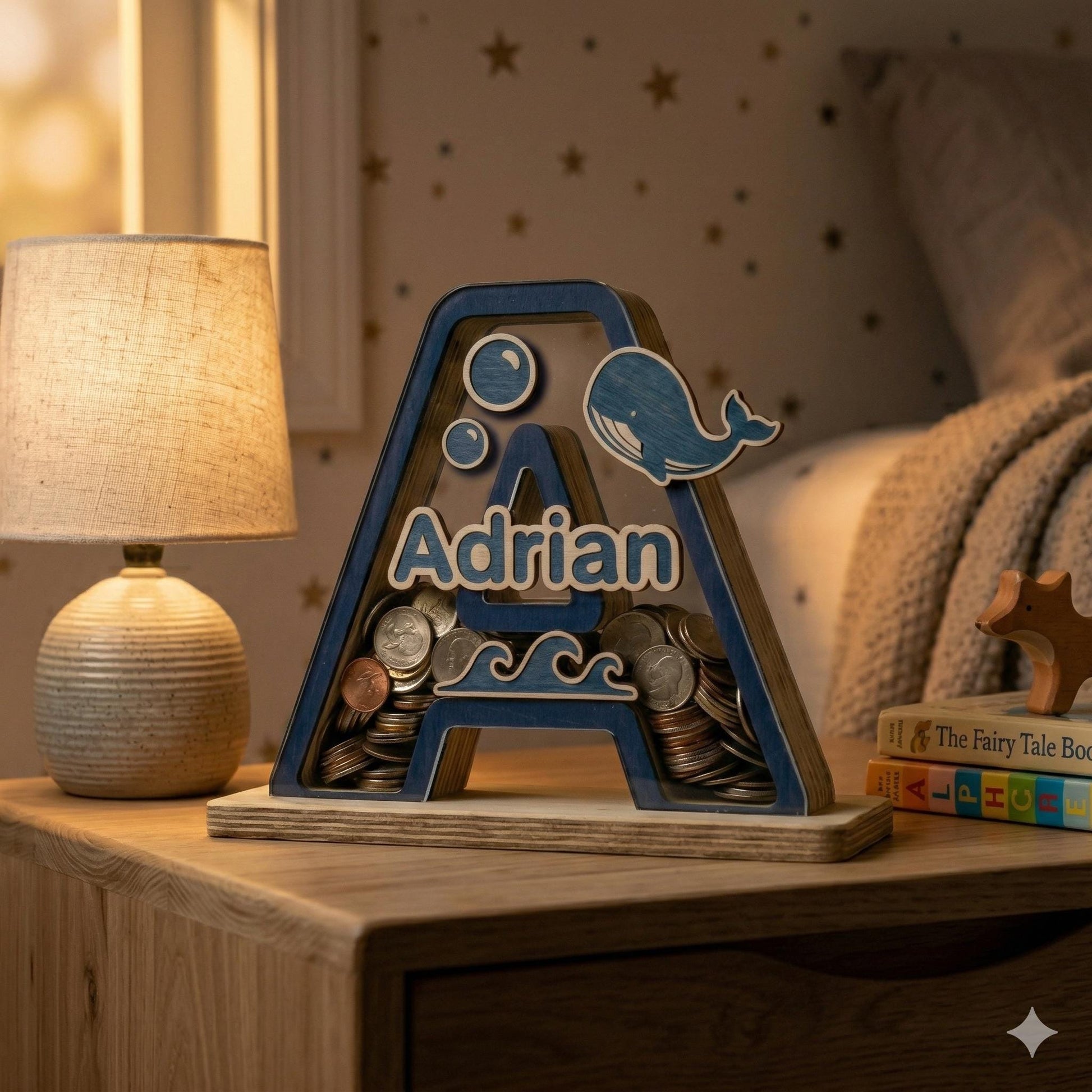 Personalized Wooden Letter Piggy Bank , Ocean Custom Name Money Bank, Whale Theme Nursery Decor, Kids Saving Box, Birthday Gift for Baby