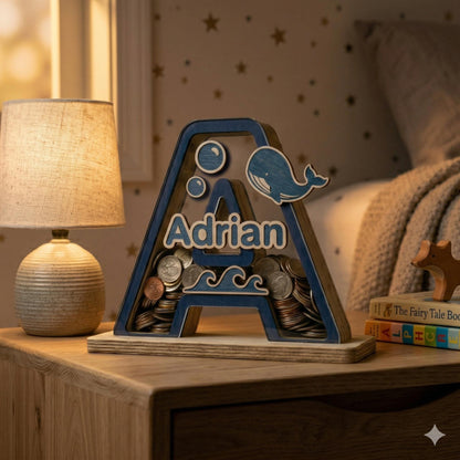 Personalized Wooden Letter Piggy Bank , Ocean Custom Name Money Bank, Whale Theme Nursery Decor, Kids Saving Box, Birthday Gift for Baby