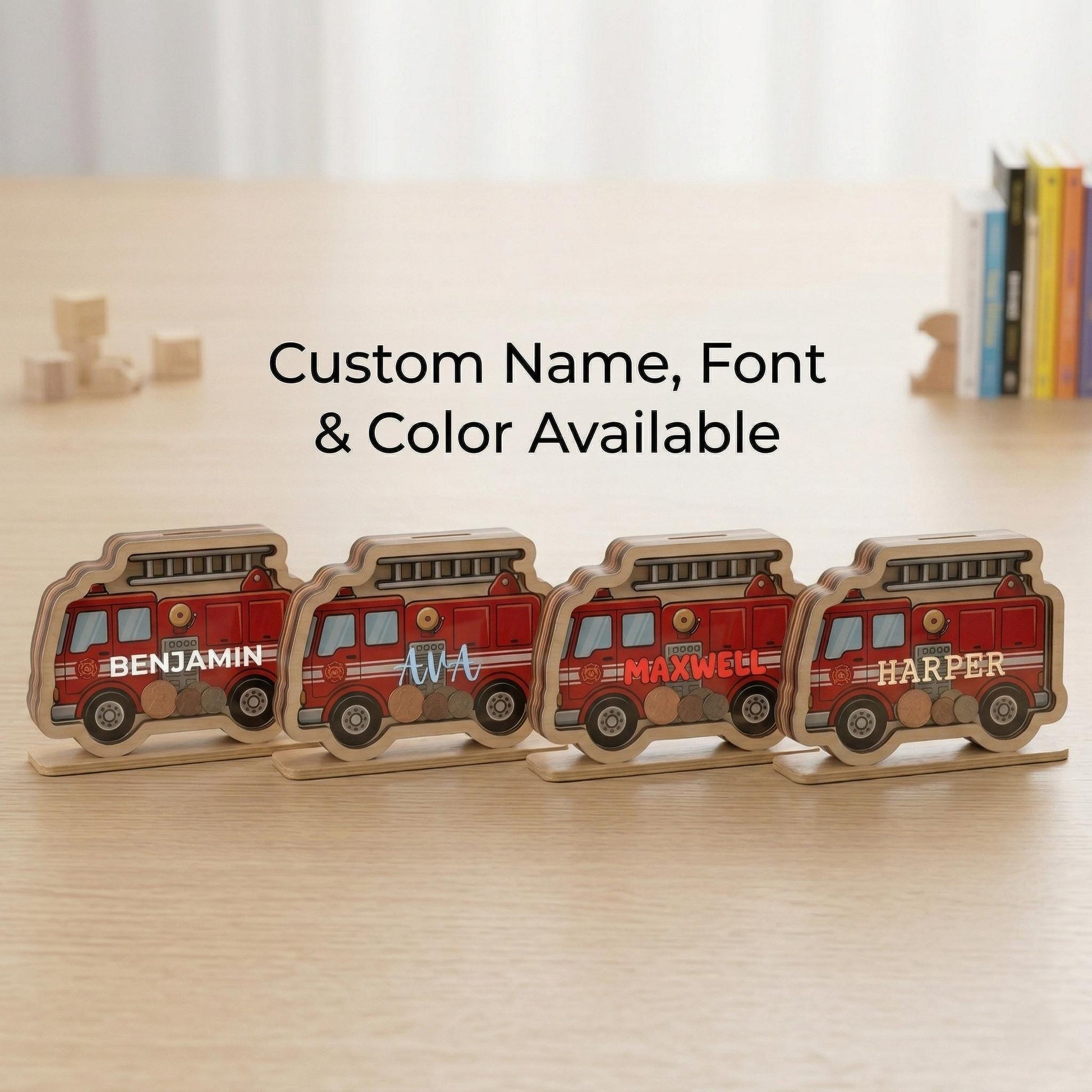 Personalized Fire Truck Piggy Bank, Custom Name Wooden Money Box, Boy Nursery Decor, Kids Savings Bank, Gift for Boys