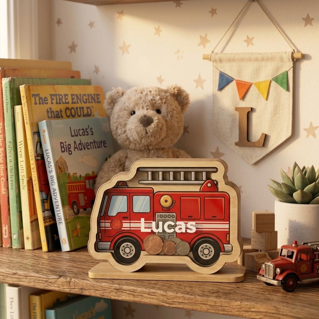 Personalized Fire Truck Piggy Bank, Custom Name Wooden Money Box, Boy Nursery Decor, Kids Savings Bank, Gift for Boys