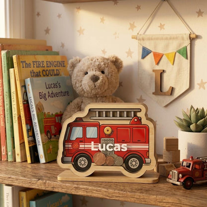 Personalized Fire Truck Piggy Bank, Custom Name Wooden Money Box, Boy Nursery Decor, Kids Savings Bank, Gift for Boys