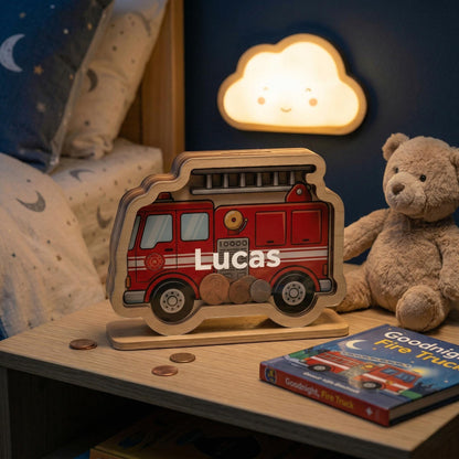 Personalized Fire Truck Piggy Bank, Custom Name Wooden Money Box, Boy Nursery Decor, Kids Savings Bank, Gift for Boys