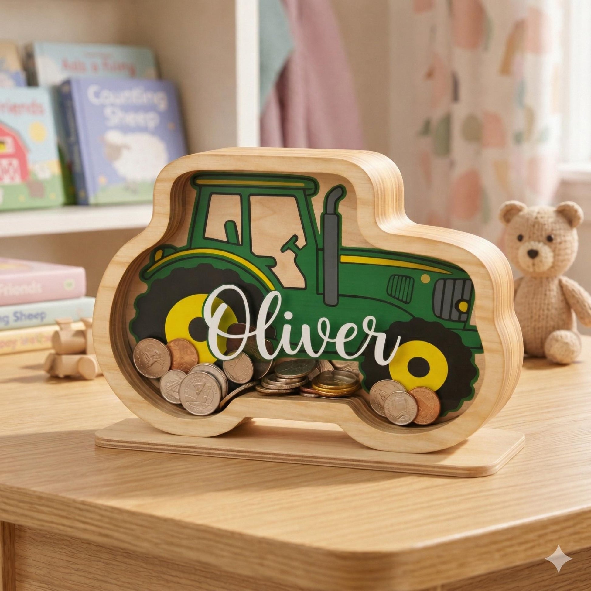 Personalized Tractor Wooden Piggy Bank, Custom Name Money Box, Wooden Kids Savings Bank, Boys Nursery Decor, Boy Birthday Gift