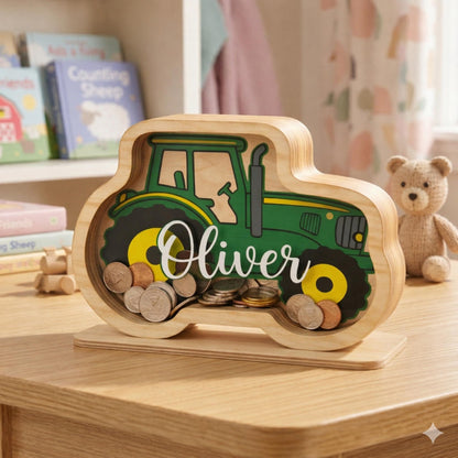 Personalized Tractor Wooden Piggy Bank, Custom Name Money Box, Wooden Kids Savings Bank, Boys Nursery Decor, Boy Birthday Gift