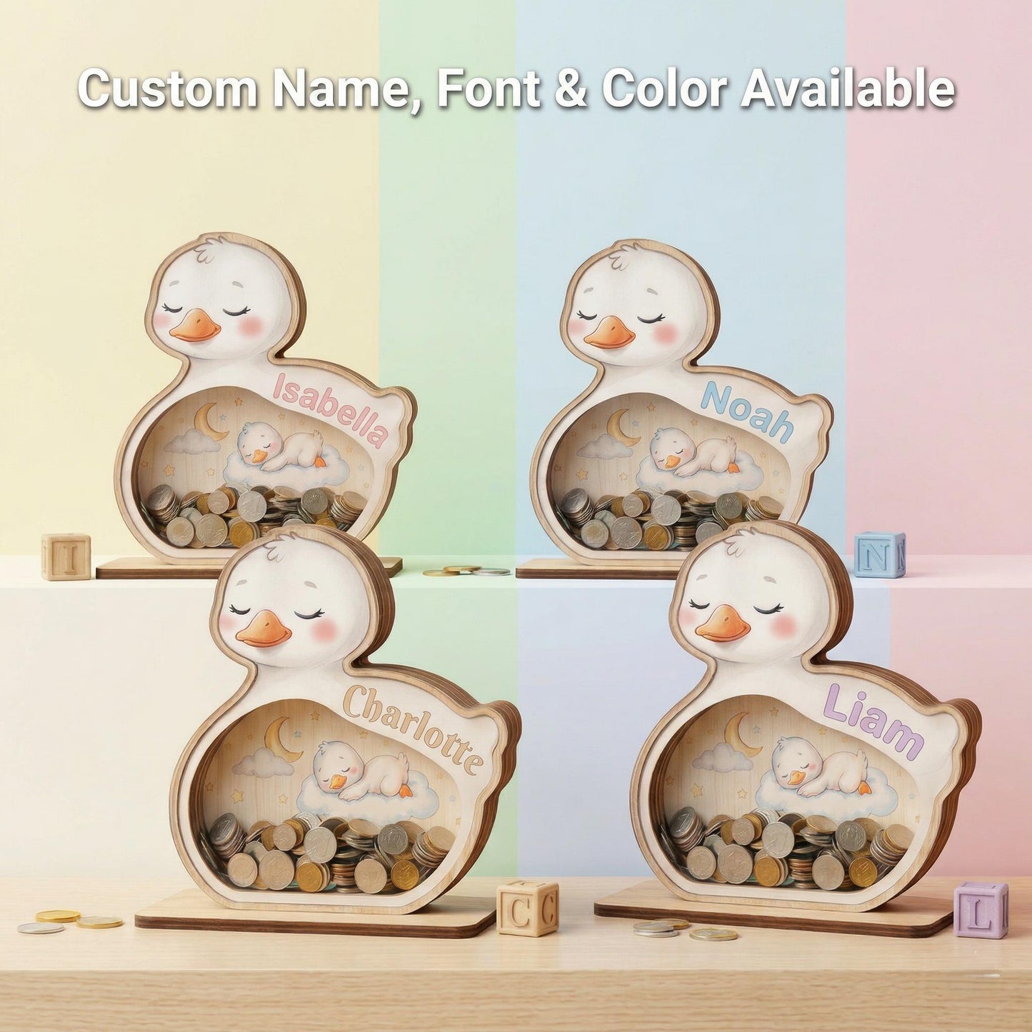 Personalized Goose Piggy Bank for Kids, Custom Name Wooden Coin Bank, Goose Nursery Decor, Kids Savings Bank, Gift for Boys Girls