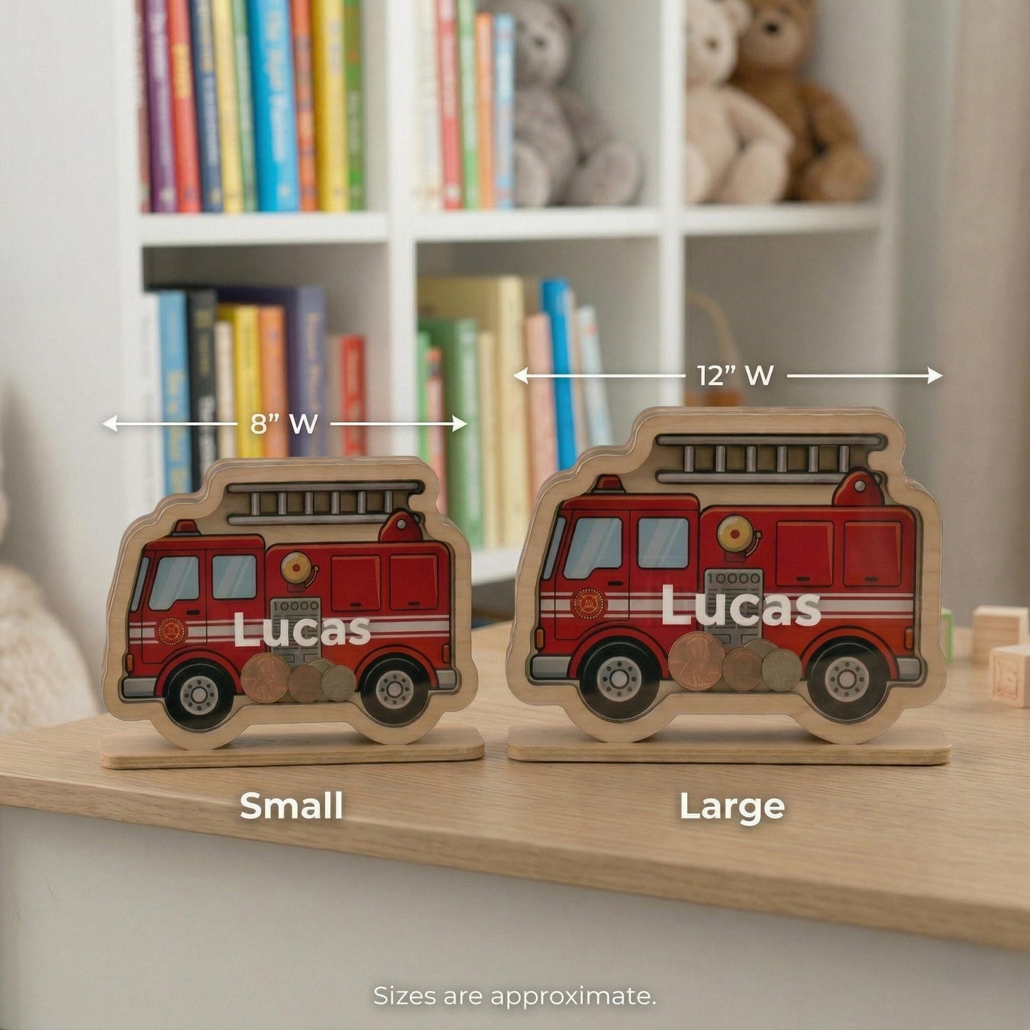 Personalized Fire Truck Piggy Bank, Custom Name Wooden Money Box, Boy Nursery Decor, Kids Savings Bank, Gift for Boys