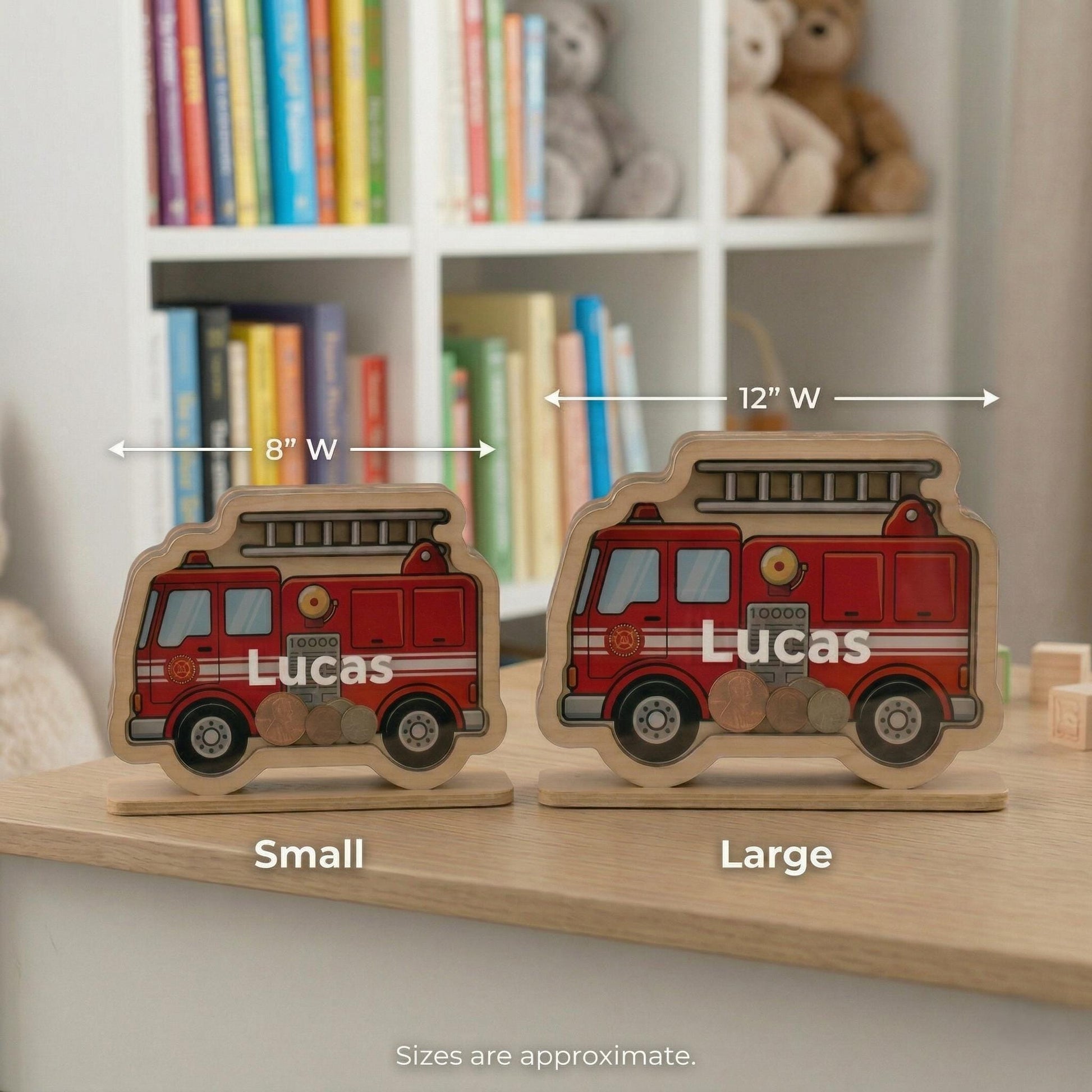 Personalized Fire Truck Piggy Bank, Custom Name Wooden Money Box, Boy Nursery Decor, Kids Savings Bank, Gift for Boys