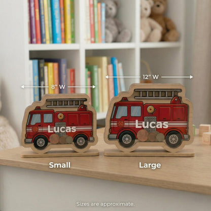 Personalized Fire Truck Piggy Bank, Custom Name Wooden Money Box, Boy Nursery Decor, Kids Savings Bank, Gift for Boys