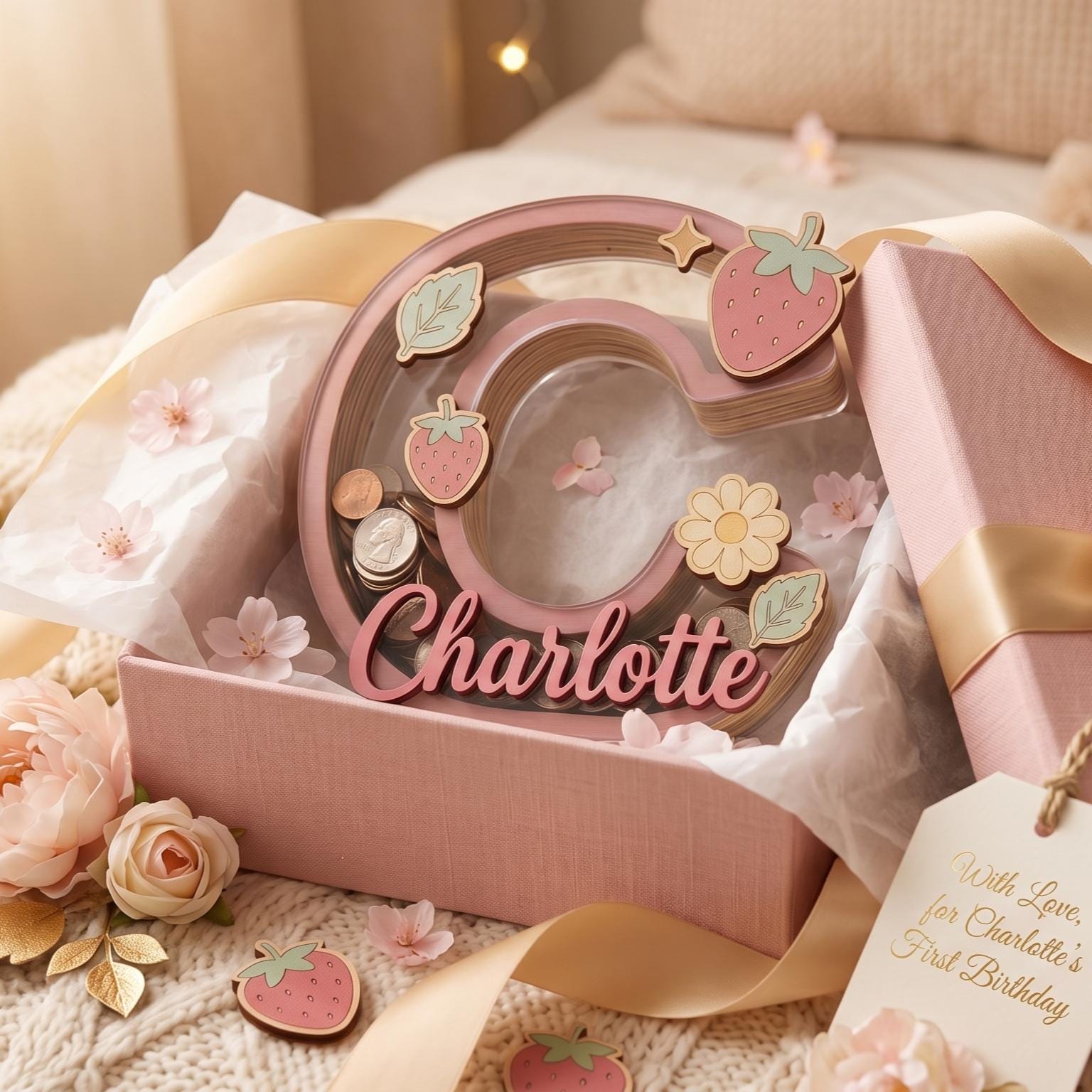 Personalized Wooden Letter Piggy Bank, Custom Name Money Box with Strawberry Decor, Wooden Initial Bank for Kids, Nursery Decor, Baby Gift