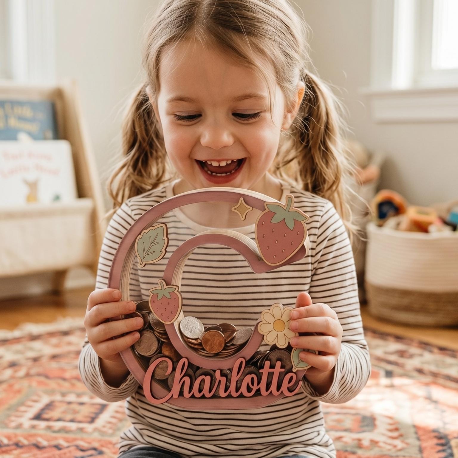 Personalized Wooden Letter Piggy Bank, Custom Name Money Box with Strawberry Decor, Wooden Initial Bank for Kids, Nursery Decor, Baby Gift