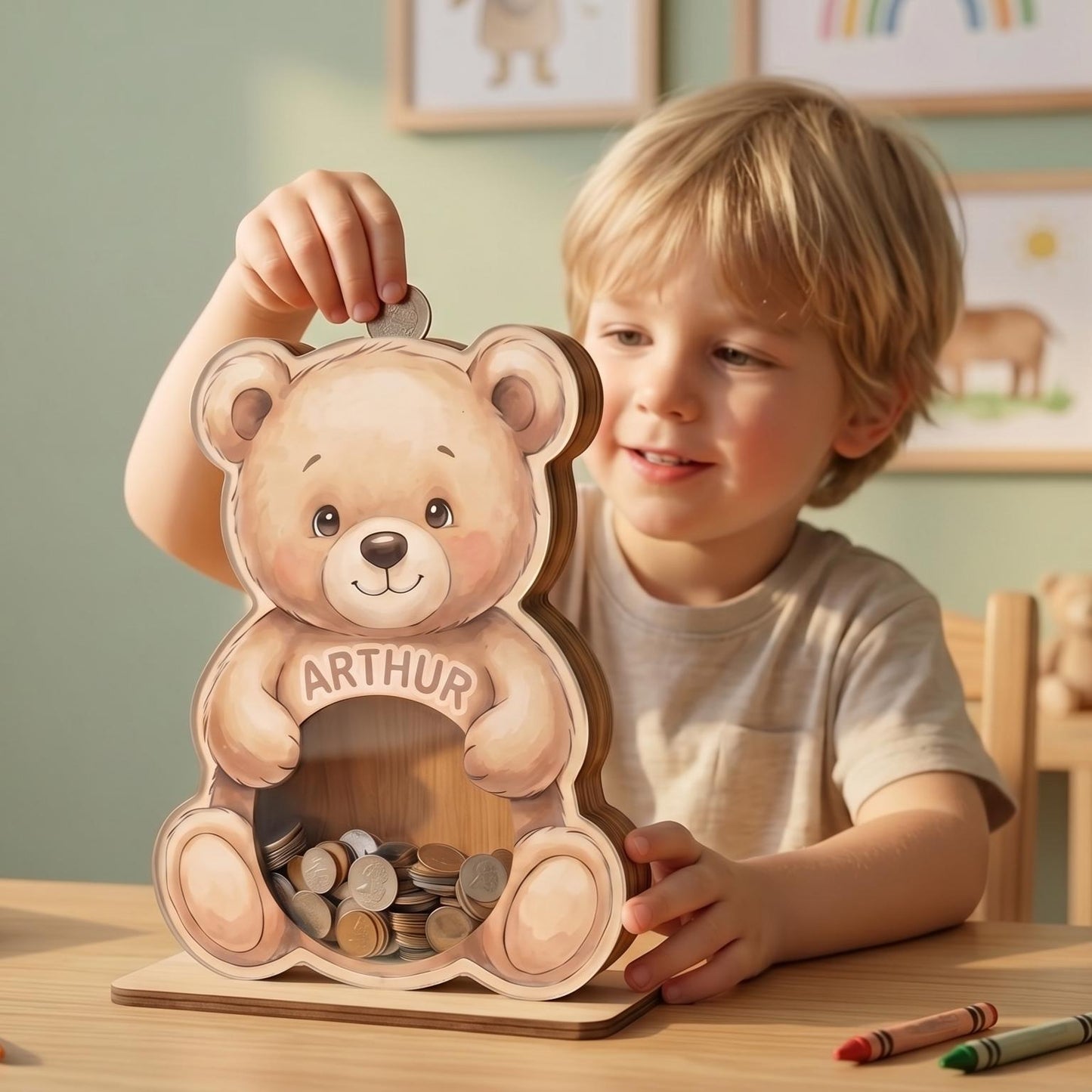 Personalized Teddy Bear Piggy Bank for Kids, Custom Name Wooden Coin Bank, Teddy Bear Nursery Decor, Kids Savings Bank, Gift for Boys Girls