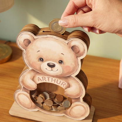Personalized Teddy Bear Piggy Bank for Kids, Custom Name Wooden Coin Bank, Teddy Bear Nursery Decor, Kids Savings Bank, Gift for Boys Girls