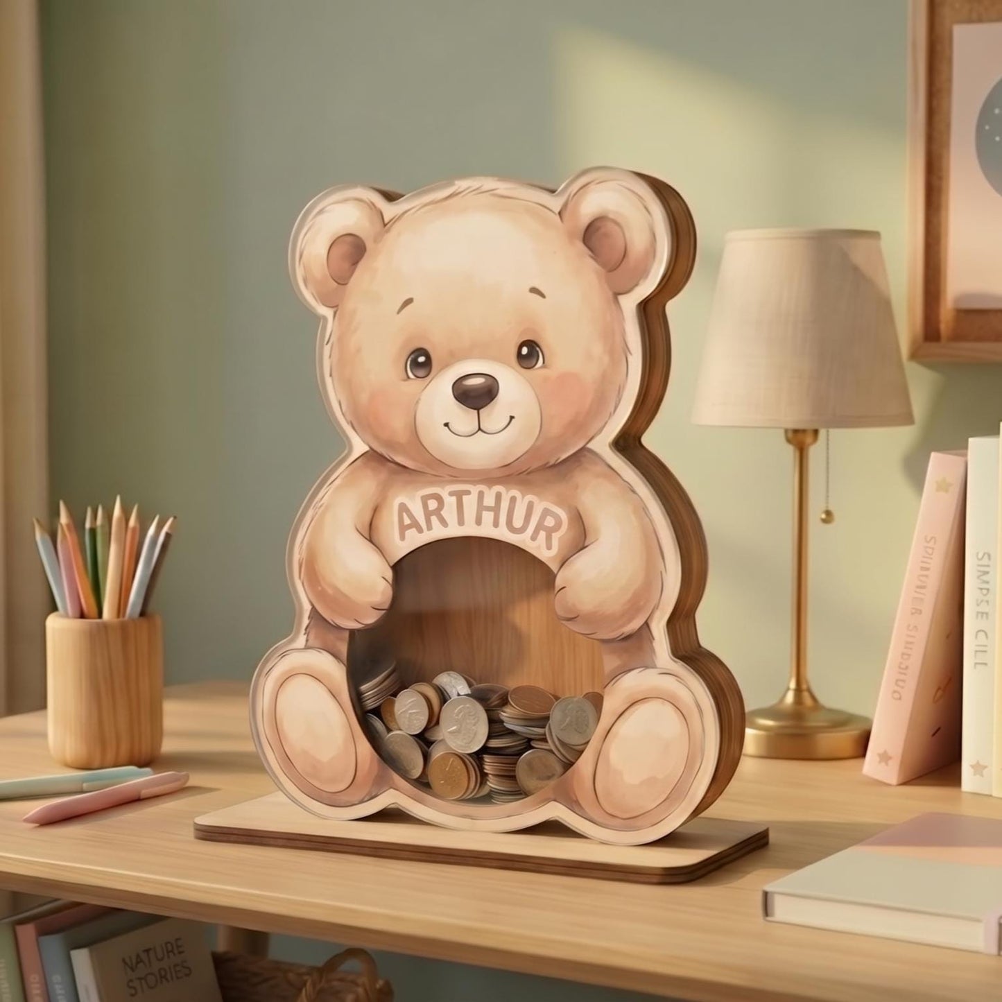 Personalized Teddy Bear Piggy Bank for Kids, Custom Name Wooden Coin Bank, Teddy Bear Nursery Decor, Kids Savings Bank, Gift for Boys Girls