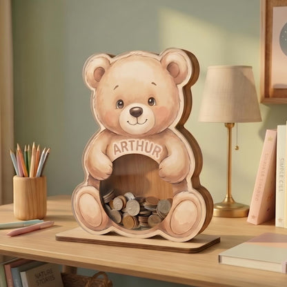 Personalized Teddy Bear Piggy Bank for Kids, Custom Name Wooden Coin Bank, Teddy Bear Nursery Decor, Kids Savings Bank, Gift for Boys Girls