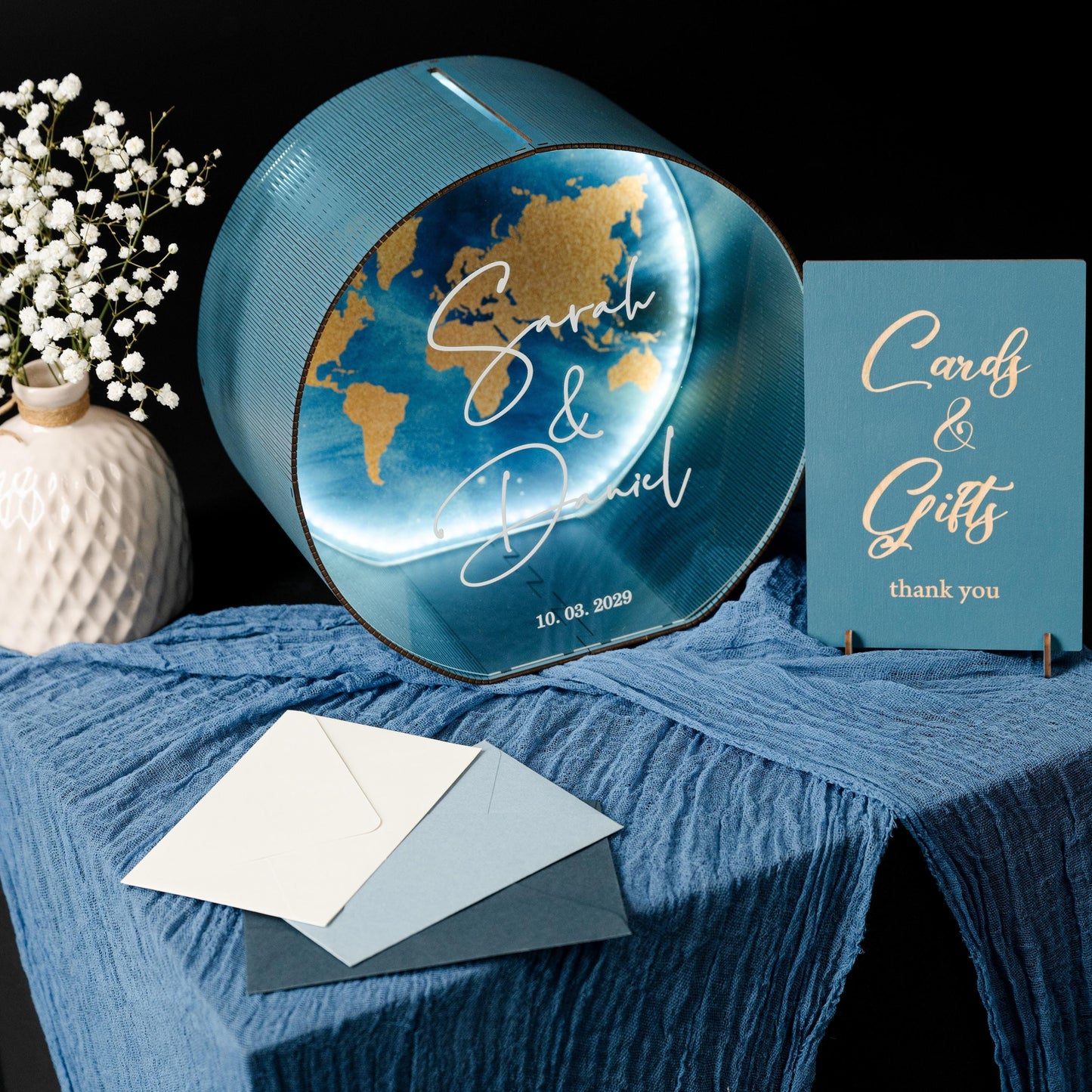 Custom World Map Wedding Card Box, Personalized Travel Theme Acrylic Wood Holder, LED Light