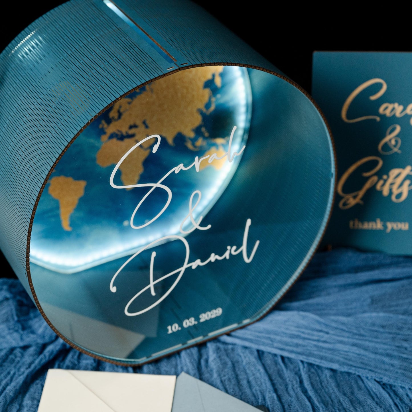 Personalized World Map Wedding Card Box with LED Light, Custom Names Holder
