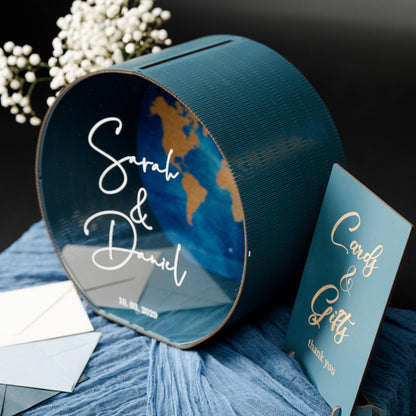 Personalized Wedding Card Box: World Map Travel Theme, Acrylic Envelope Holder, Names & Date