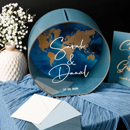 Custom World Map Wedding Card Box, Personalized Travel Theme Acrylic Wood Holder, LED Light
