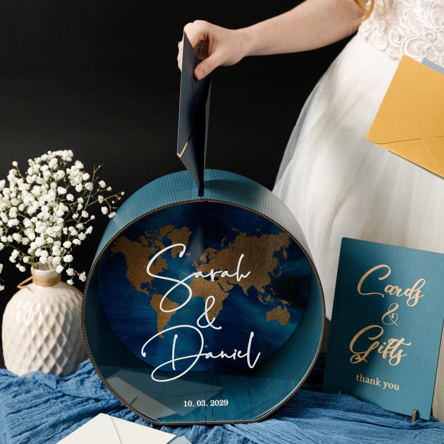 Custom World Map Wedding Card Box, Personalized Travel Theme Acrylic Wood Holder, LED Light