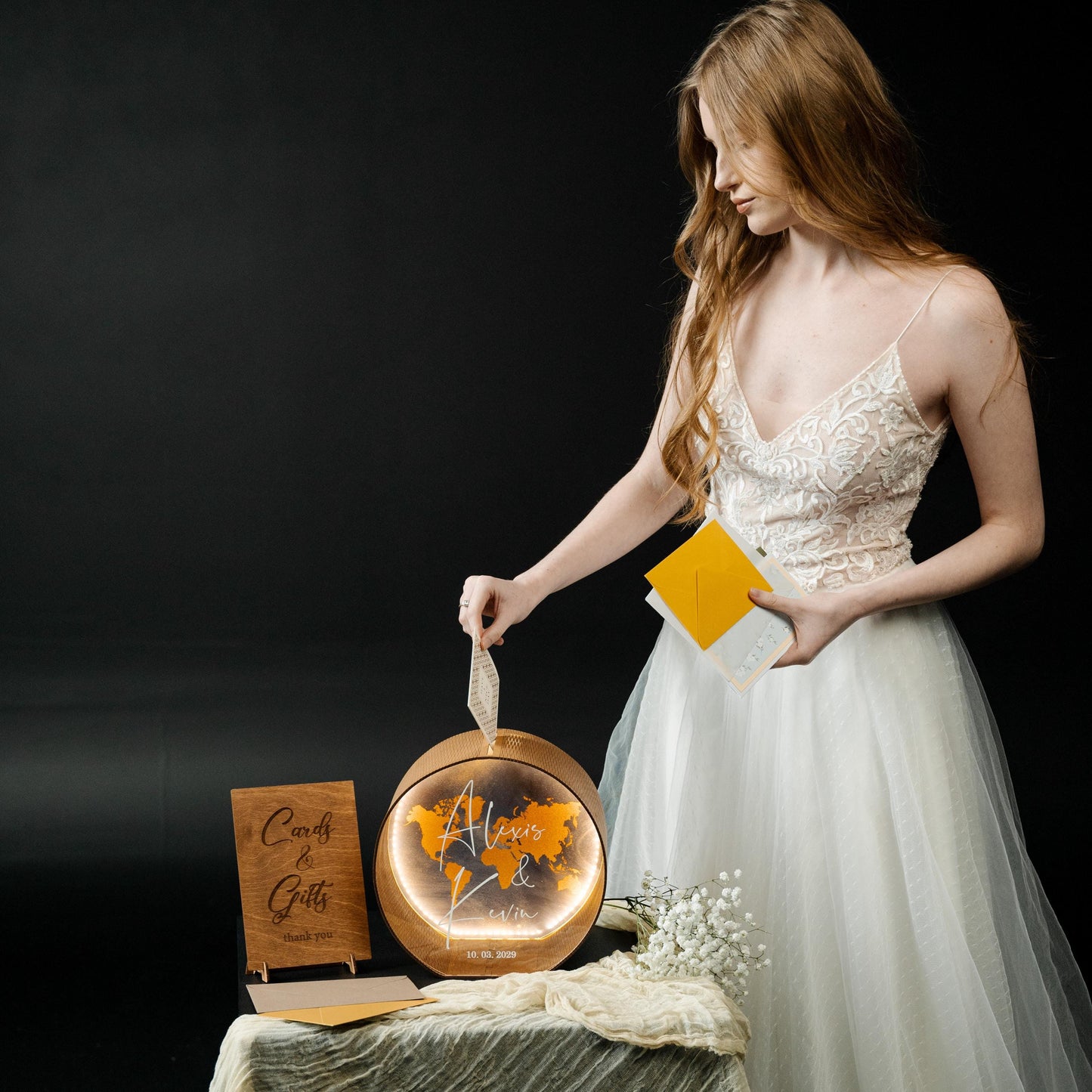 Personalized World Map Wedding Card Box with LED Light, Custom Names Holder