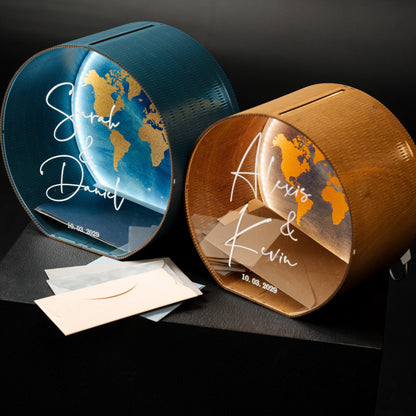 Custom World Map Wedding Card Box, Personalized Travel Theme Acrylic Wood Holder, LED Light